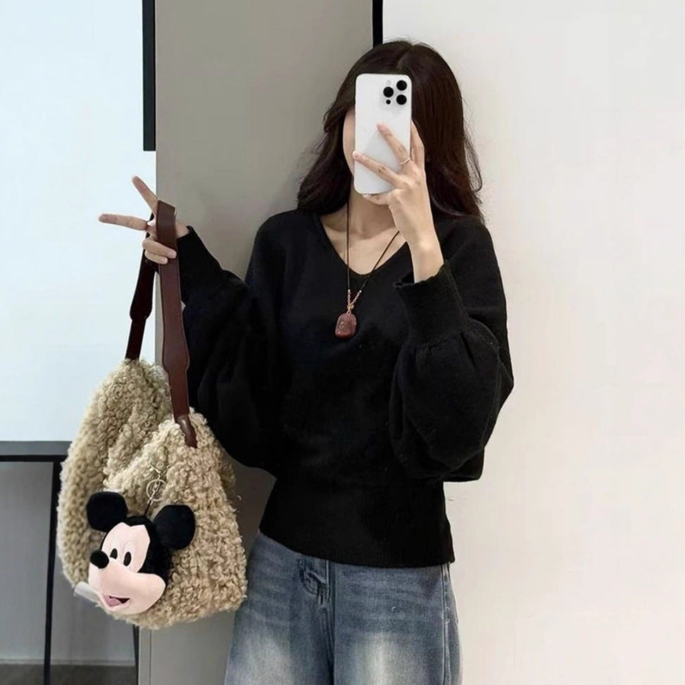 Damen lockerer Pullover mit taillierbarem Gürtel und V-Ausschnitt Drune