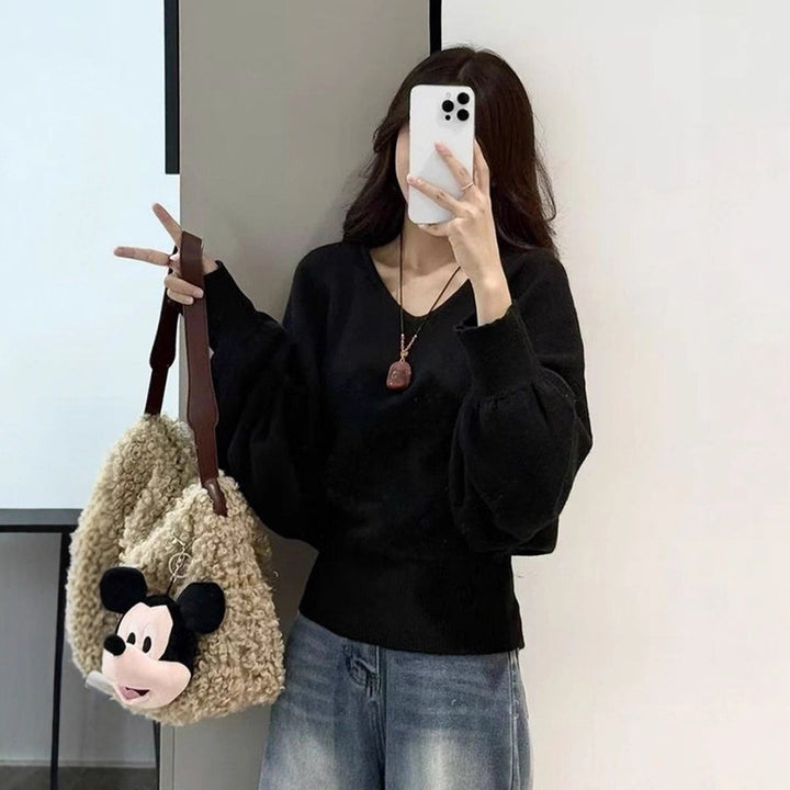 Damen lockerer Pullover mit taillierbarem Gürtel und V-Ausschnitt Drune