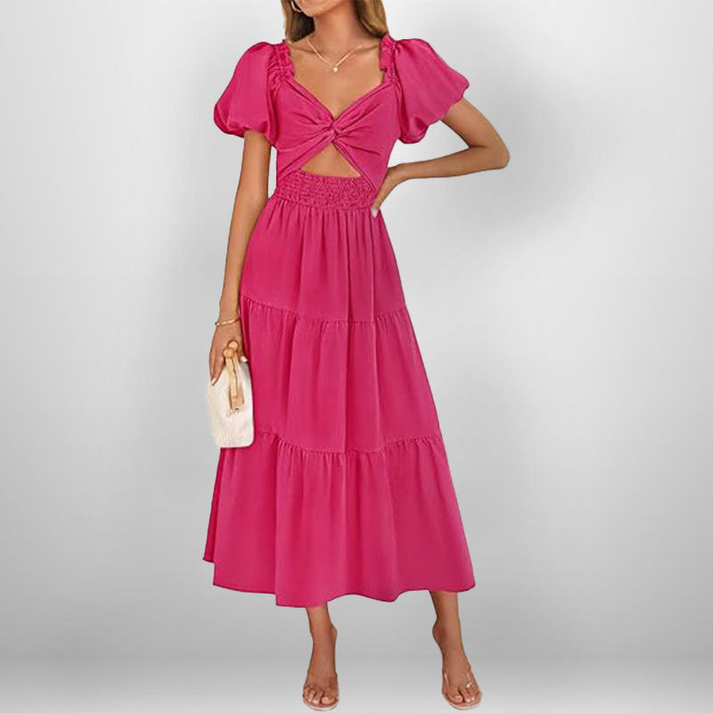 Damen Midi-Kleid mit floralem Twist und elastischem Taillengummi Drune