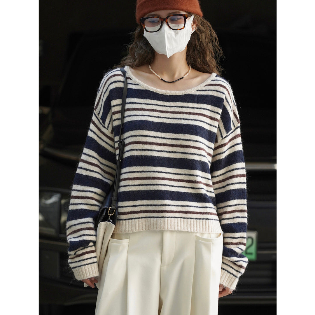 Damen Weicher Oversize-Streifenpullover mit U-Boot-Ausschnitt und Flauschoptik Drune