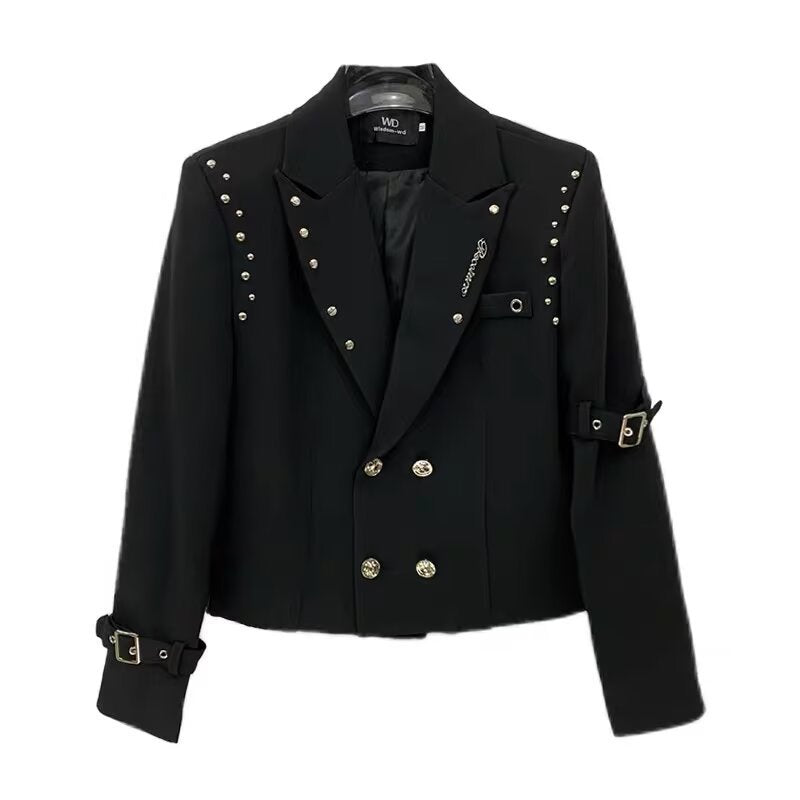 Damen Kurzer Doppelreiher-Blazer mit Nietenbesatz und Schnallenärmeln Drune
