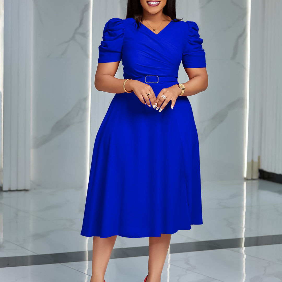 Damen Midi-Kleid mit eleganten Puffärmeln und tailliertem Gürtel Drune
