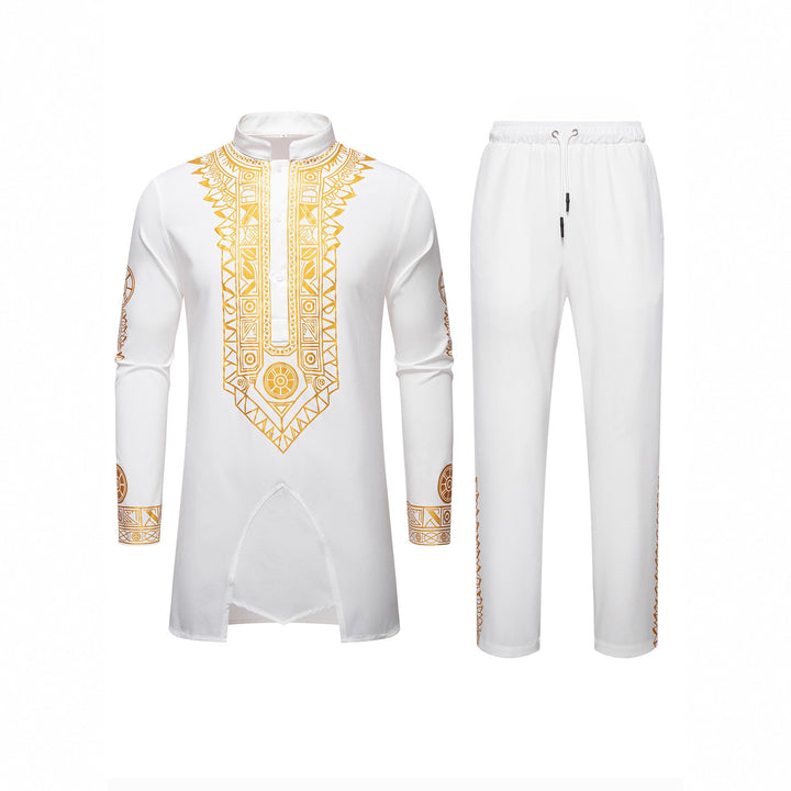 Herren Traditionelles Langarm-Kurta-Set mit Stehkragen, goldfarbenem Ornamentdruck und Tunnelzughose Drune