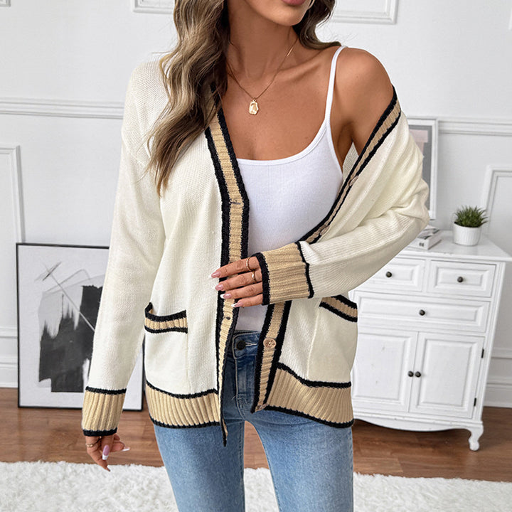 Damen Strickcardigan mit kontrastkanten, V-Ausschnitt, Knopfverschluss und aufgesetzten Taschen Drune