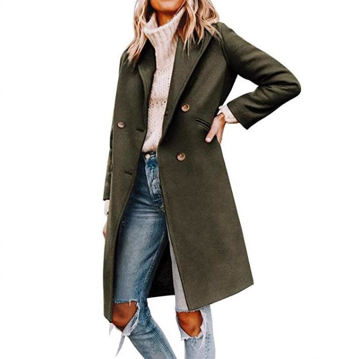 Damen eleganter, klassischer Wollmantel mit doppelter Knopfreihe und praktischen Taschen Drune