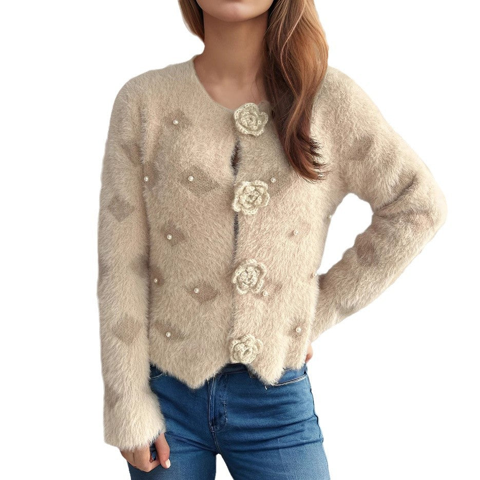 Damen Strickjacke mit floralen Applikationen und perlverzierter Detail Drune