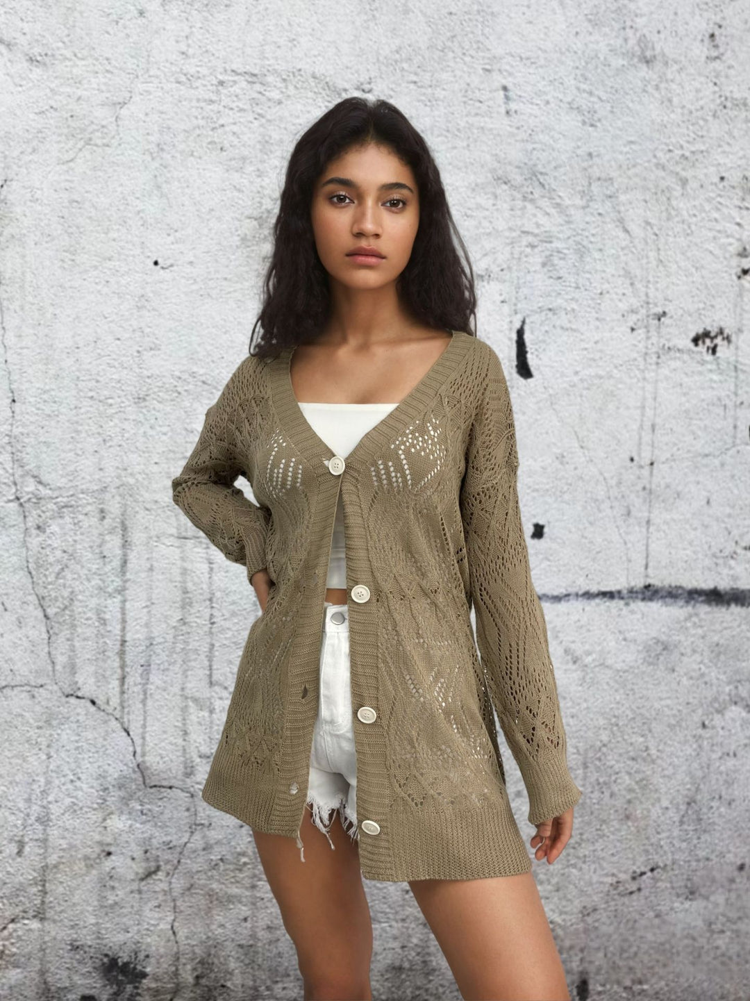 Damen Strickjacke mit luftiger Lochmusterung und schönen Knöpfen Drune