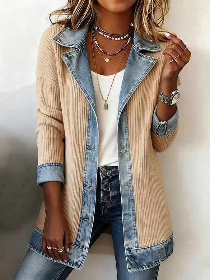 Damen Lange Strickjacke mit Denim-Kragen und Denim-Besatz Drune