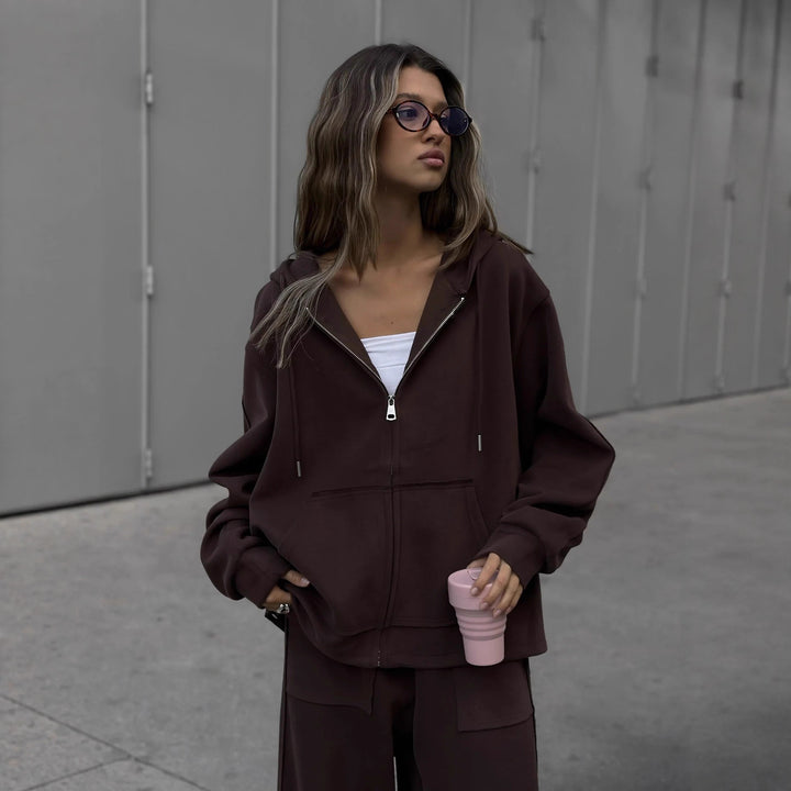 Damen oversized Kapuzenjacke mit Reißverschluss und lässiger Cargo-Loungehose Drune