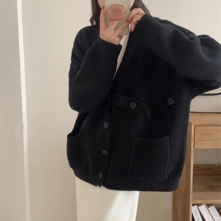 Damen Oversized Strickjacke mit großen Taschen und Knopfdetails Drune