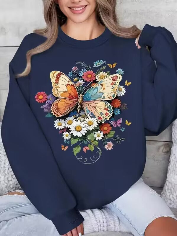 Damen Langarm Sweatshirt mit floralem Schmetterlingsdruck Drune