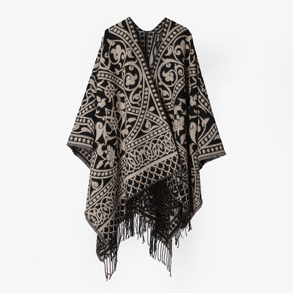 Damen Jacquard-Cape-Überwurf aus Wollmix mit Paisley-Jacquard und Fransensaum Drune