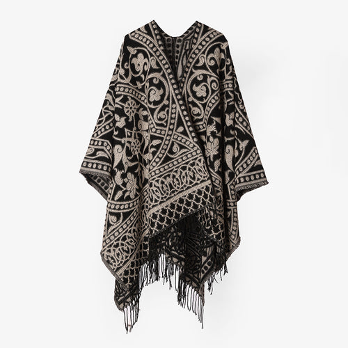 Damen Jacquard-Cape-Überwurf aus Wollmix mit Paisley-Jacquard und Fransensaum Drune