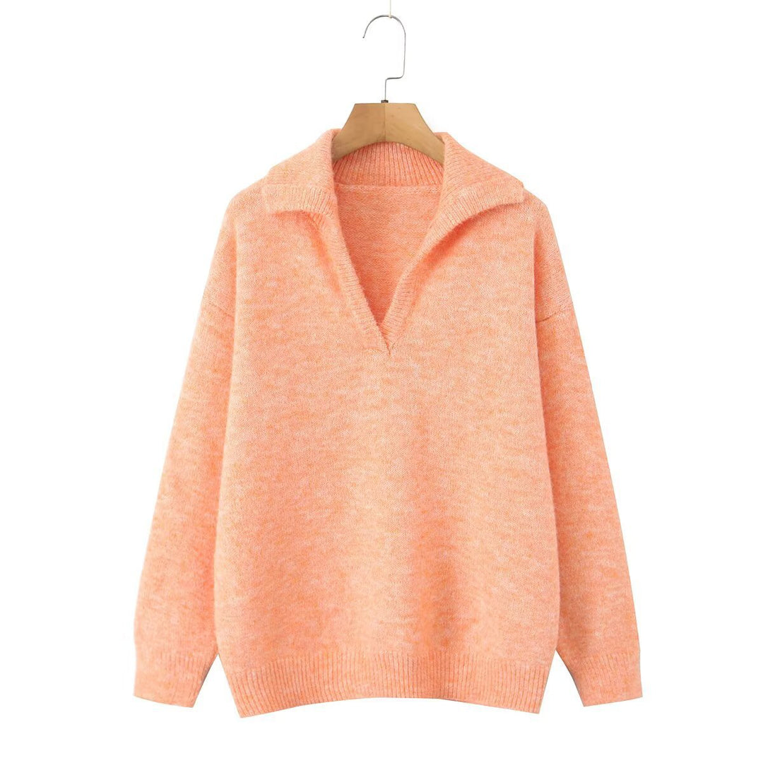 Damen lässiger Strickpullover mit Stehkragen und V-Ausschnitt Drune
