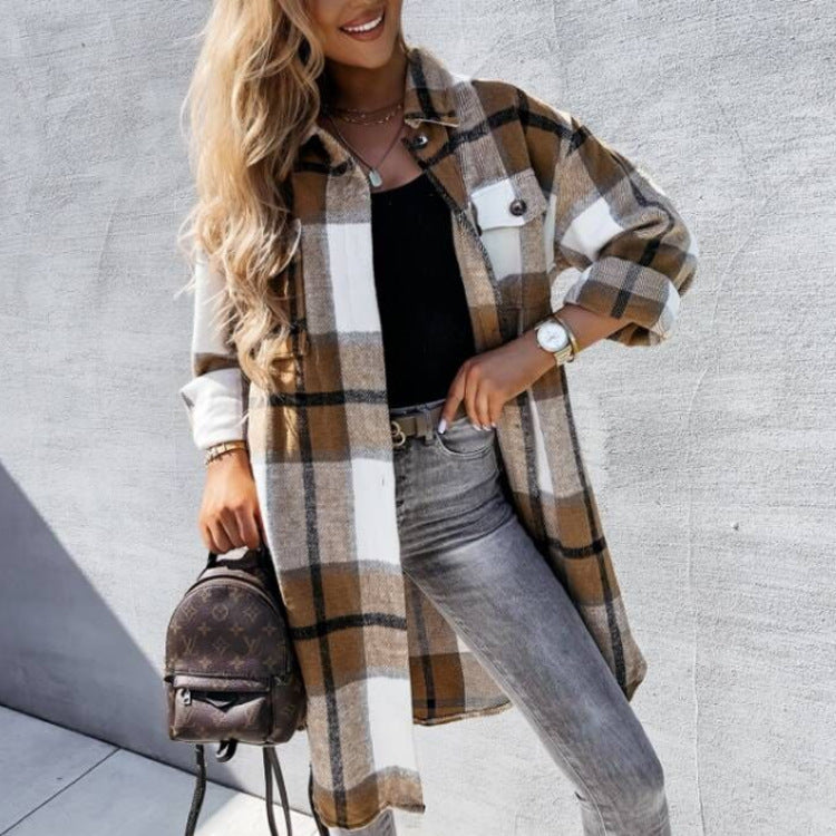 Damen Kariertes Overshirt mit knöpfbarem Design und aufgesetzten Taschen Drune