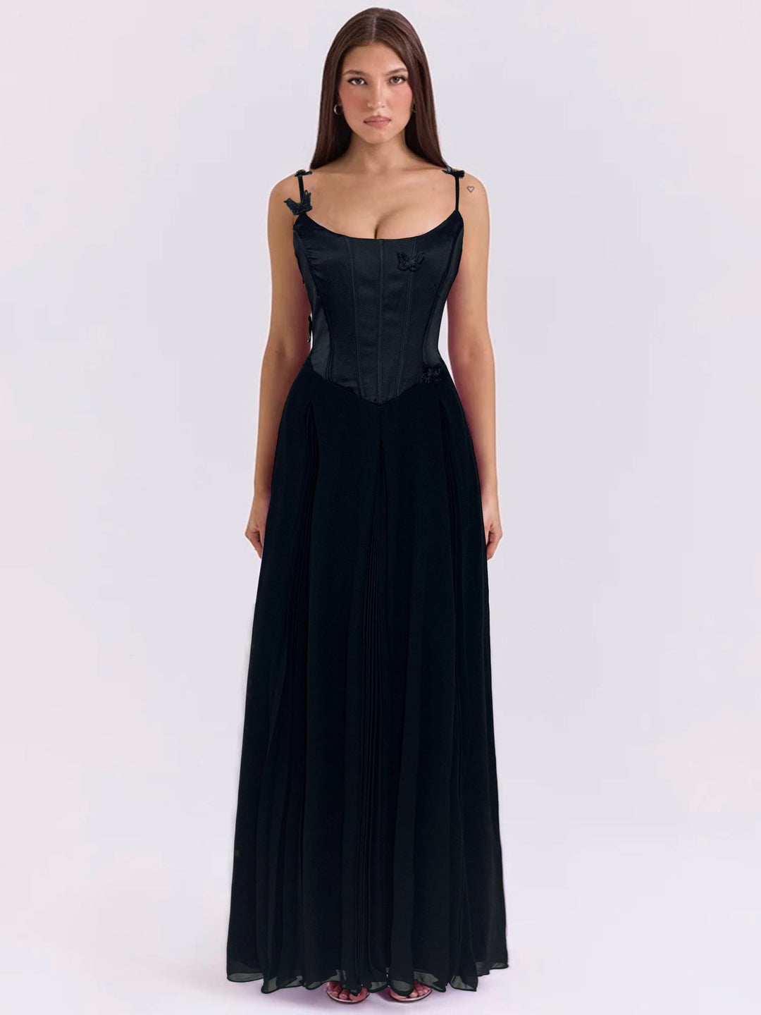 Damen nan figurbetontes Korsett-Maxikleid mit Schmetterlings-Trägern und plissiertem Chiffonrock Drune