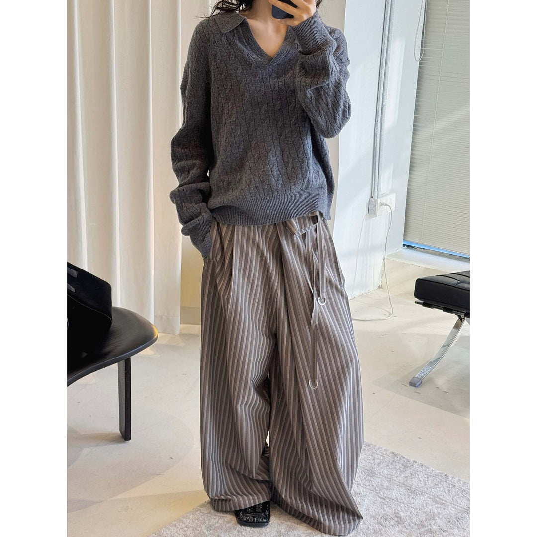 Damen Strickpullover mit Polokragen, V-Ausschnitt und Zopfmuster Drune