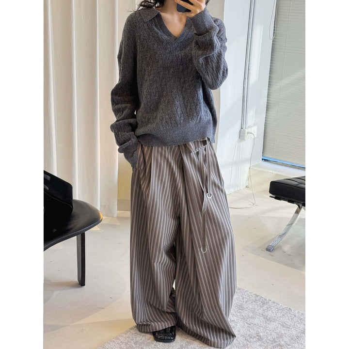 Damen Strickpullover mit Polokragen, V-Ausschnitt und Zopfmuster Drune