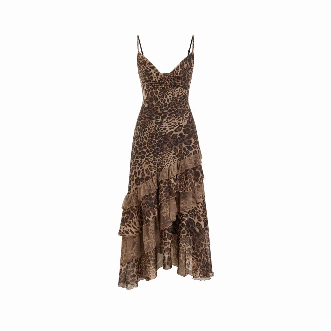 Damen elegantes Midikleid mit asymmetrischem Volant und Animal-Print Drune
