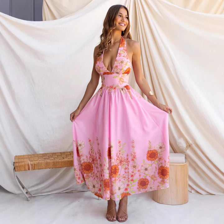 Damen Maxikleid mit tiefem V-Ausschnitt und floralem Print Drune
