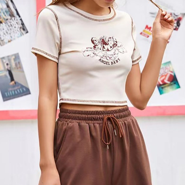 Damen Figurbetontes T-Shirt mit einzigartigem Engel-Motiv und modischem Print Drune