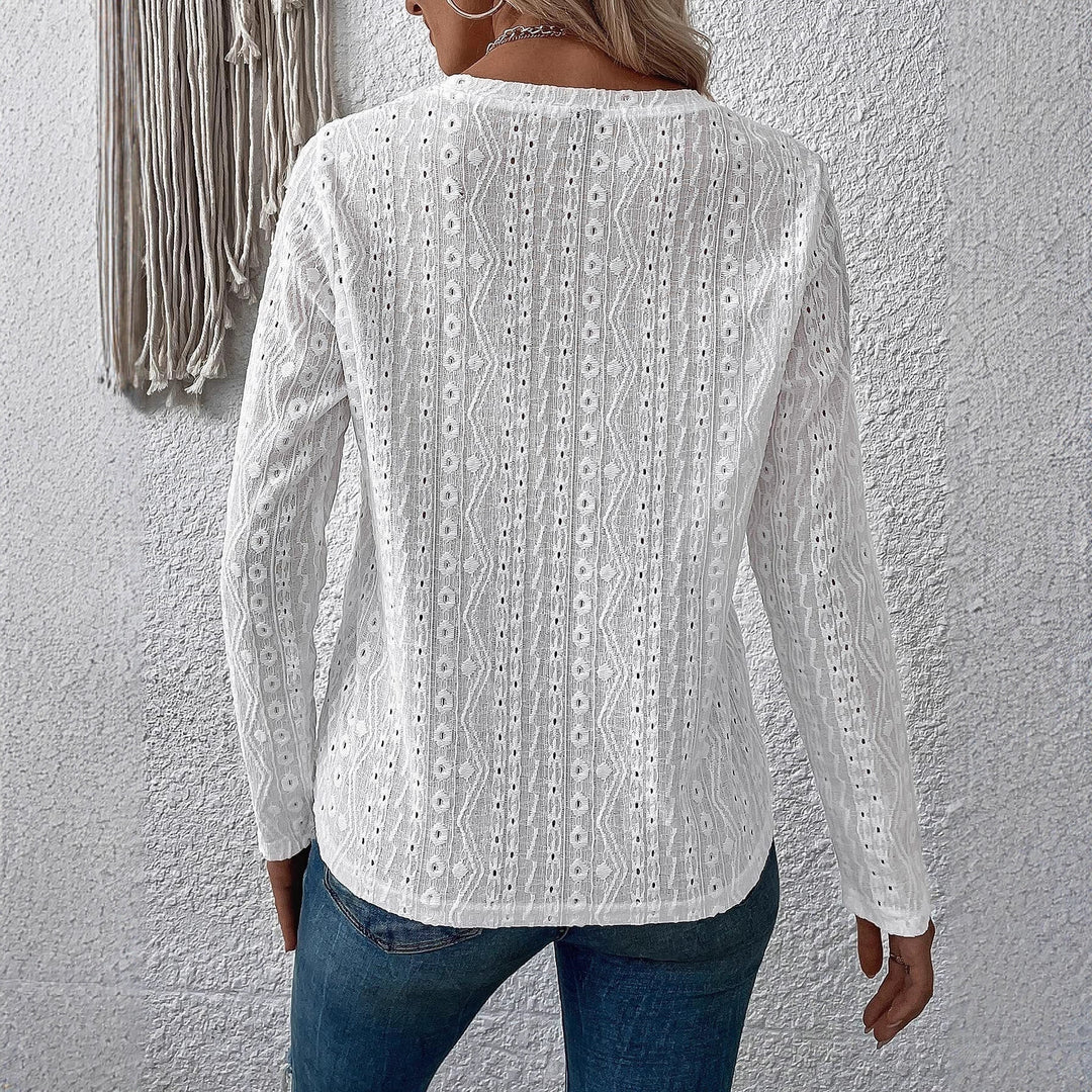 Damen Spitzenbluse mit Lochstickerei, langer Arm und Rundhalsausschnitt Drune