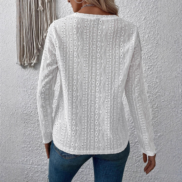 Damen Spitzenbluse mit Lochstickerei, langer Arm und Rundhalsausschnitt Drune