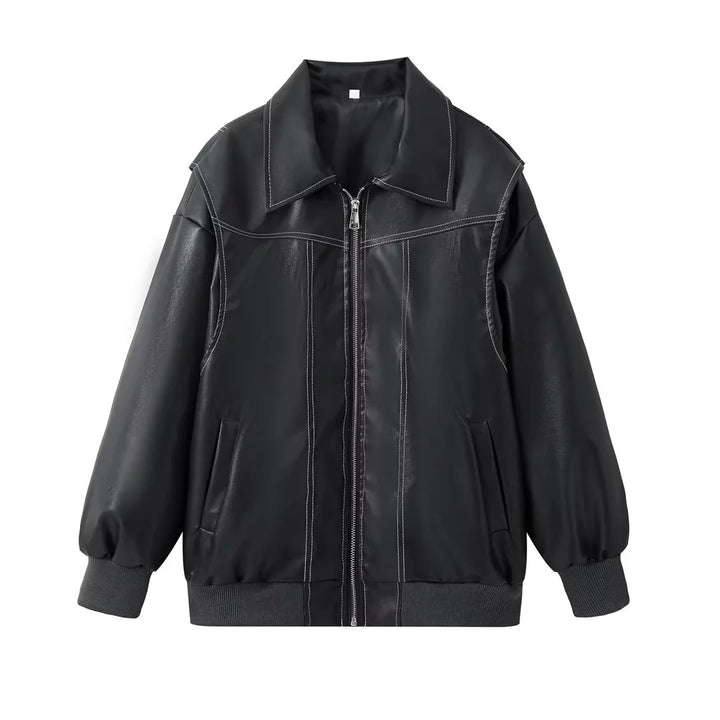 Damen stylische Kunstlederjacke mit voluminösen Ärmeln und praktischen Zipper-Taschen Drune