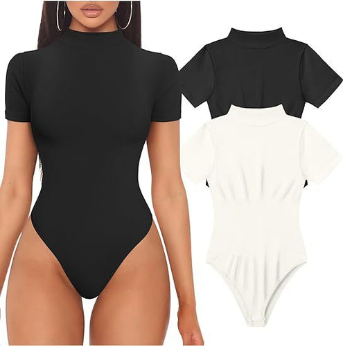 Damen Kurzarm Bodysuit mit hohem Kragen Drune