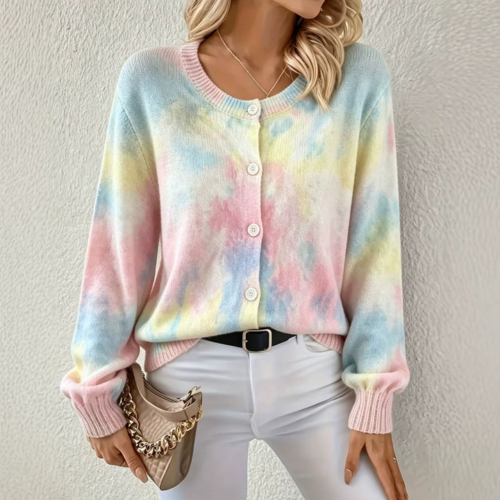 Damen Leichter Jacquard‑Strickcardigan mit Leo‑Print, Rundhalsausschnitt und Knopfleiste Drune