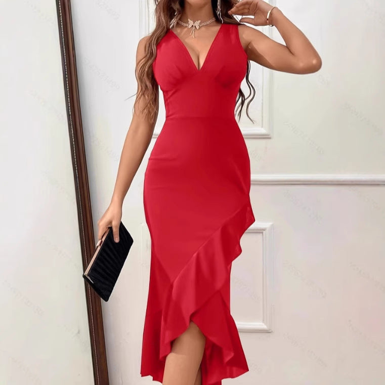 Damen Charmantes Maxikleid mit asymmetrischem Saum und V-Ausschnitt Drune