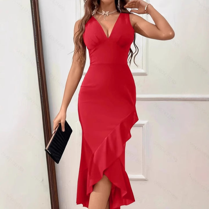 Damen Charmantes Maxikleid mit asymmetrischem Saum und V-Ausschnitt Drune