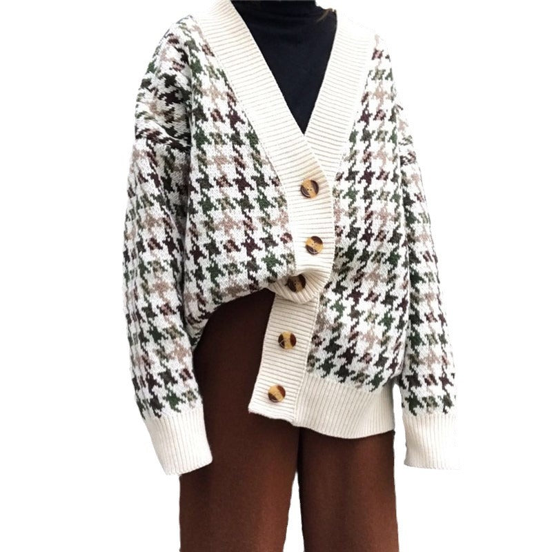 Damen Grobstrickcardigan mit Hahnentrittmuster und großen Holzknöpfen Drune