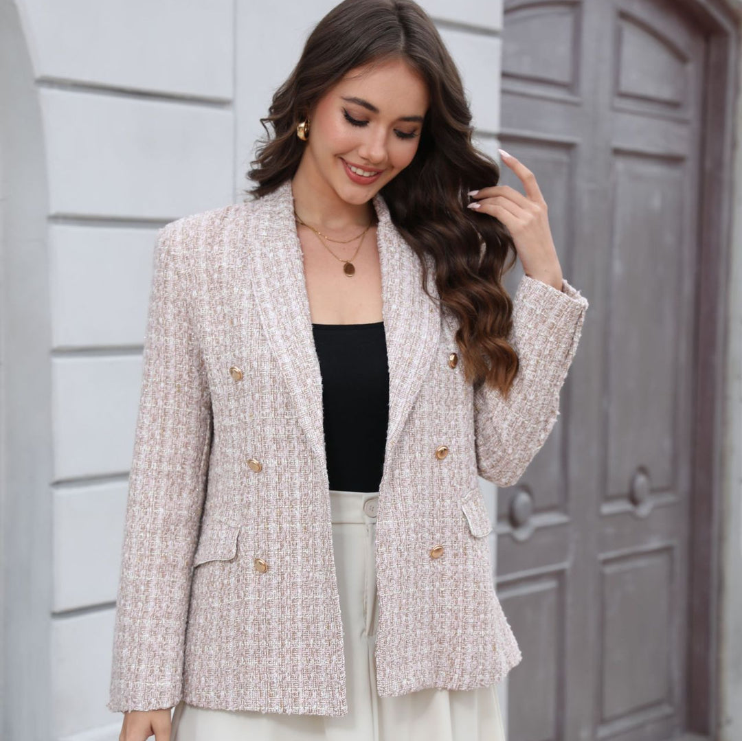 Damen Doppelreihiger Bouclé-Blazer mit Schalkragen, taillierter Silhouette und Zierknöpfen Drune