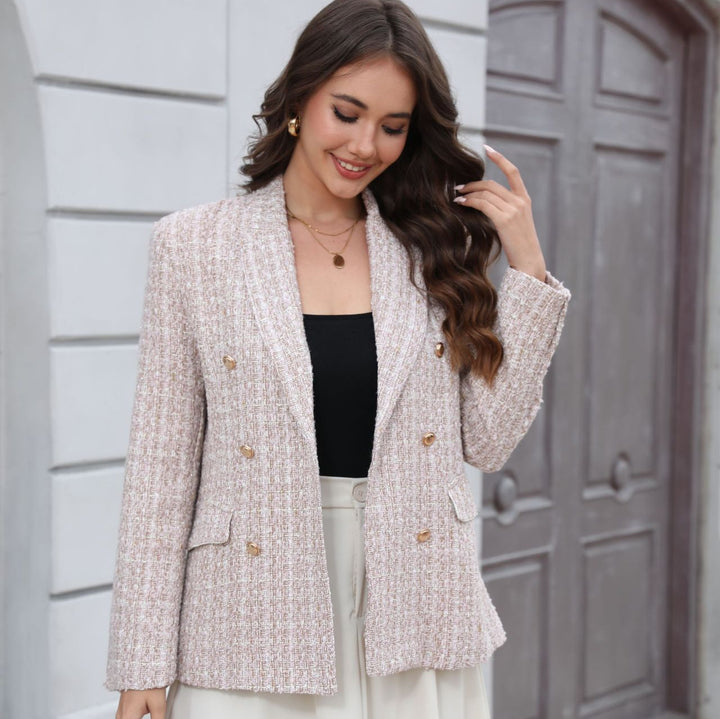 Damen Doppelreihiger Bouclé-Blazer mit Schalkragen, taillierter Silhouette und Zierknöpfen Drune