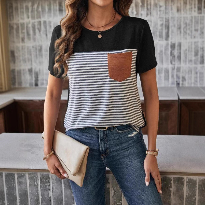 Damen Trendiges T-Shirt mit gestreiftem Design und Leder-Tasche Drune