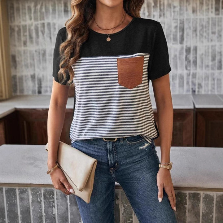 Damen Trendiges T-Shirt mit gestreiftem Design und Leder-Tasche Drune