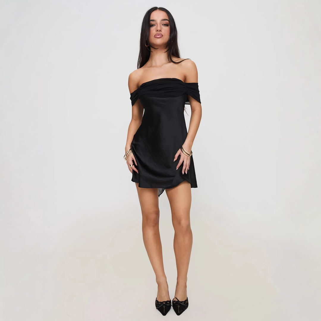 Damen Off-Shoulder Kleid mit elegantem Satin-Finish und fließendem Schnitt Drune