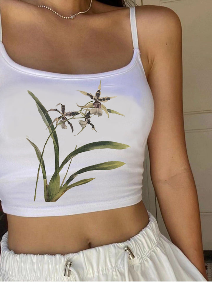 Damen Crop-Top mit floralem Design und schmalen Trägern Drune