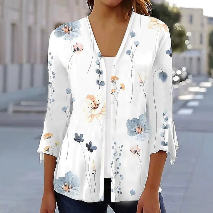 Damen nan leichte Chiffonbluse mit Aquarellblumenprint, V‑Ausschnitt, Knopfleiste und dreiviertelärmeln Drune
