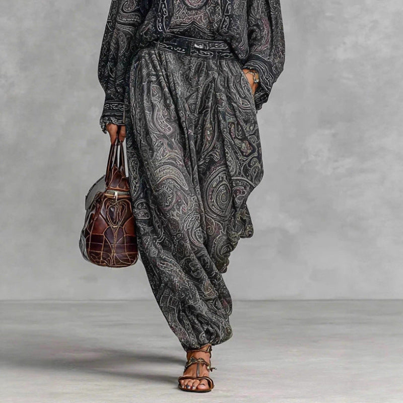 Damen Fließendes Boho-Zweiteiler-Set mit weiter Tunika und Haremshose im Paisley-Design Drune
