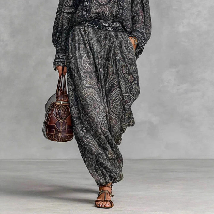 Damen Fließendes Boho-Zweiteiler-Set mit weiter Tunika und Haremshose im Paisley-Design Drune