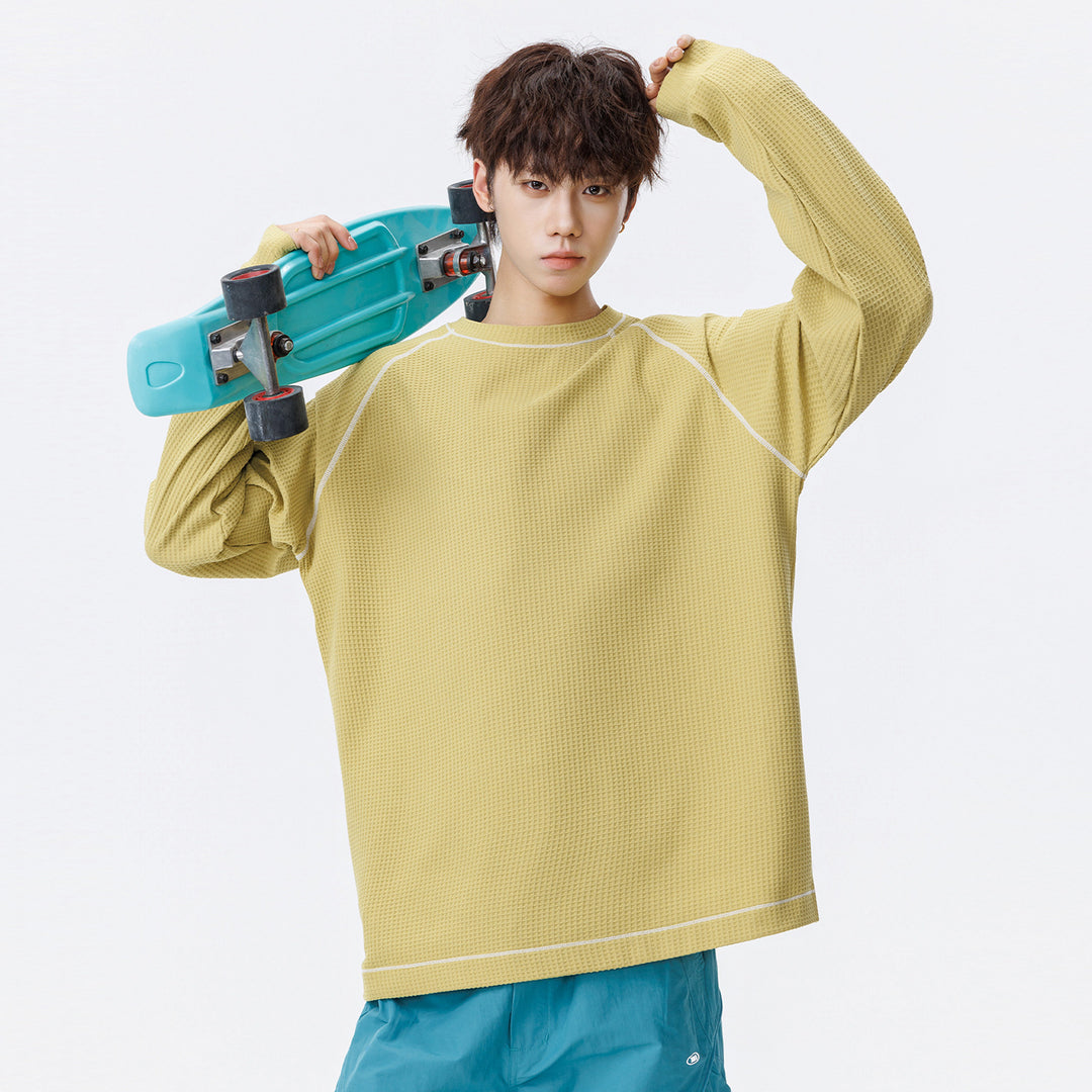 Herren Oversize Waffelstrick‑Sweatshirt mit Rundhals, Raglanärmeln und Kontrastnähten Drune