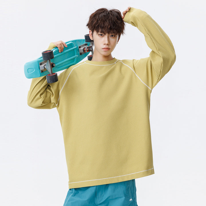 Herren Oversize Waffelstrick‑Sweatshirt mit Rundhals, Raglanärmeln und Kontrastnähten Drune