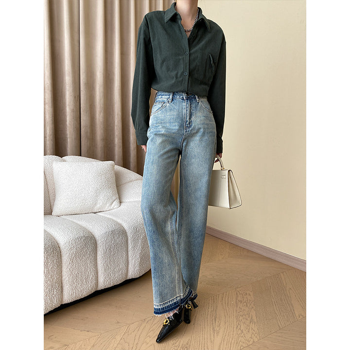 Damen lässiges Langarmshirt mit modischem Knopfdetail und langem Schnitt Drune