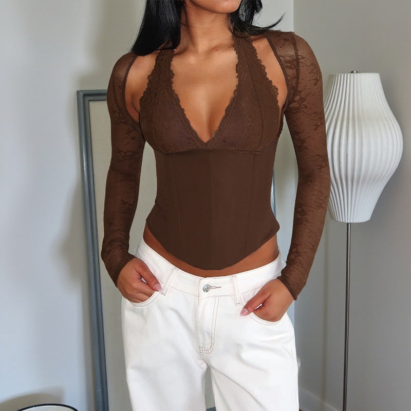 Damen eleganter Body mit Spitzendetails und tiefem V-Ausschnitt Drune