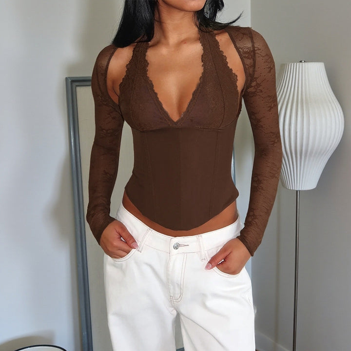 Damen eleganter Body mit Spitzendetails und tiefem V-Ausschnitt Drune