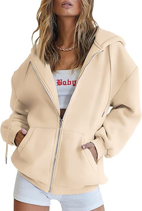 Damen nan oversized Kapuzenjacke mit durchgehendem Reißverschluss Kängurutaschen und weichem Sweatmaterial Drune