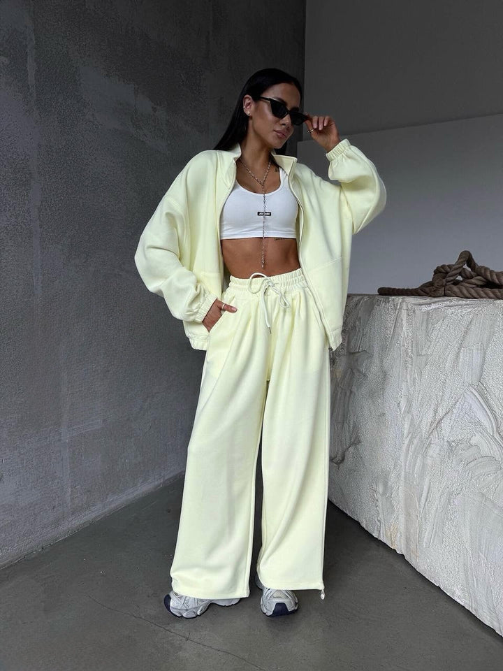 Damen lässiger Freizeitanzug mit oversized Jacke und weitem Bund Drune