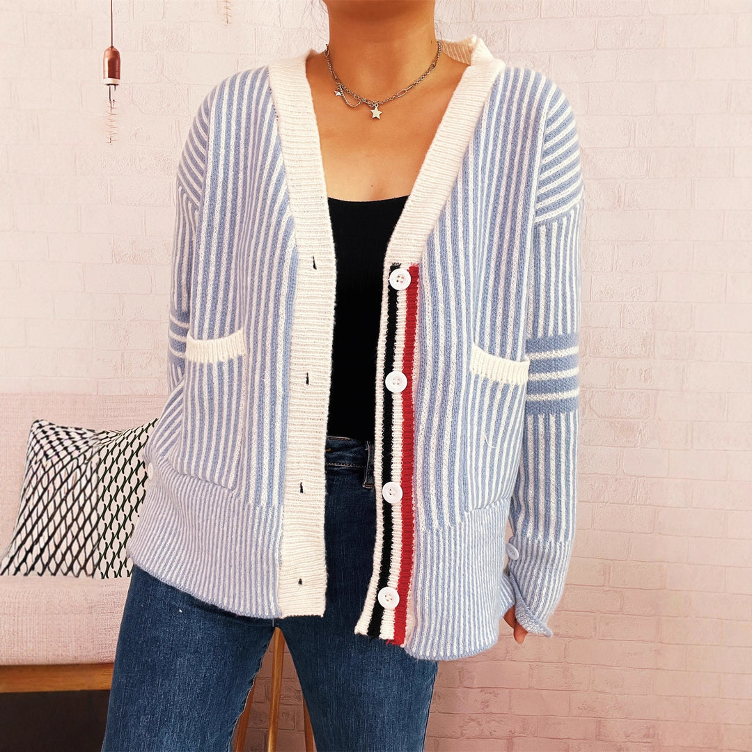 Damen gestreifter Strickcardigan mit Taschen und Knopfdetails Drune